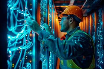 Obraz premium An Internet network and communications installer repairs an Internet server network. Close-up portrait in low key.