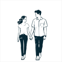  Conceptual Ink Drawing Illustration of Happy Young Couple Walking 