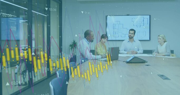 Animation of charts processing data over diverse colleagues having meeting