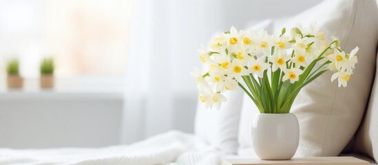 A white vase filled with fresh yellow narcissus flowers sitting on top of a neatly made bed in a cozy bedroom setting.