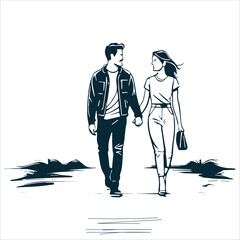 Conceptual Ink Drawing Illustration of Happy young Couple Walking