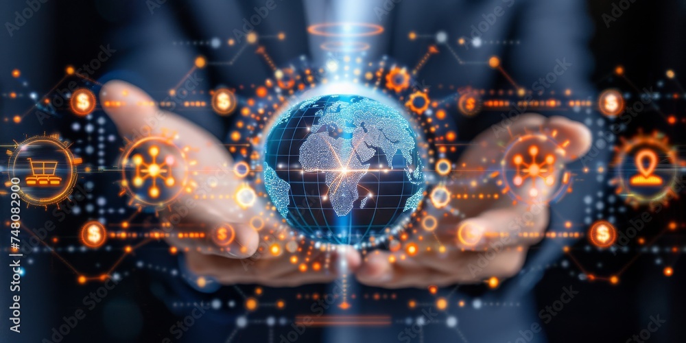 Poster hands hold a digital iot world map with a holografic overlay, generative ai