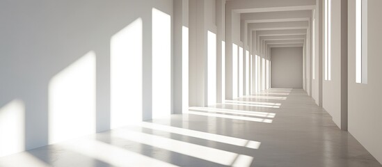 A long hallway in an empty spacious loft, featuring white walls, windows allowing sunlight to stream in, and geometrical shadows cast across the floor.