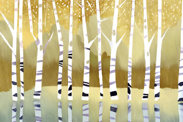 Abstract art acrylic oil painting of forest birch trees landscape with gold details and reflection of water from a lake
