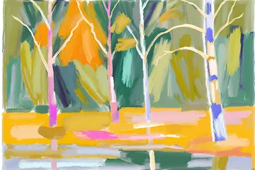 Crédence de cuisine en verre imprimé Bouleau Abstract art acrylic oil painting of forest birch trees landscape with gold details and reflection of water from a lake
