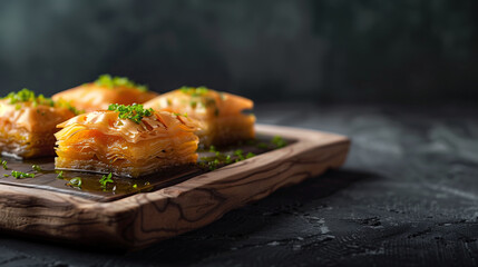 baklava dessert on wooden plate with dark background. traditional turkish dessert. ramadan food concept