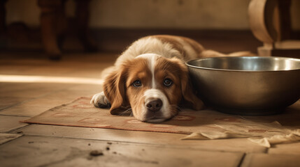 A brown and white dog laying beside a metal bowl, appearing to beg for food
