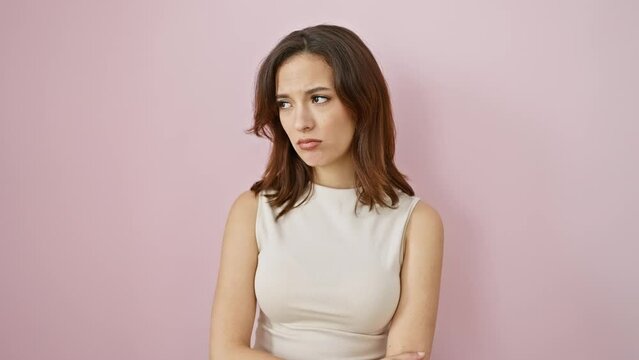 Depressed young hispanic woman, beautiful yet crying, donned in sleeveless t-shirt stands isolated over pink background, wearing her stress, worry, and anger in her sad expression.