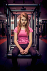 Fototapeta na wymiar A woman sits on a bench in a gym, taking a break from her workout