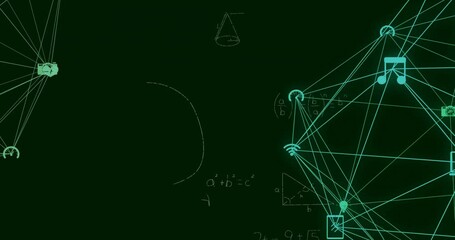 Animation of network of media icons over mathematical equations on chalkboard - Powered by Adobe