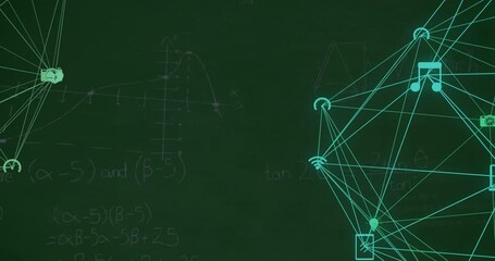 Animation of network of media icons over mathematical equations on chalkboard - Powered by Adobe