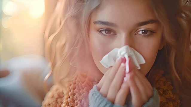 A woman who has the flu blows her nose into a tissue. generative ai