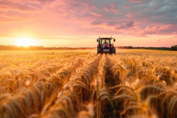 Fototapeta premium A tractor plows through a golden wheat field during sunset, symbolizing agriculture and harvest season