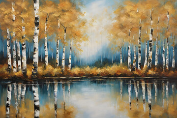 Abstract art acrylic oil painting of forest birch trees landscape with gold details and reflection of water from a lake