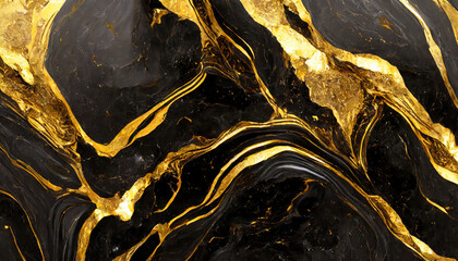 Vintage black marble granite with gilding. Rich golden tones. Abstract surface.