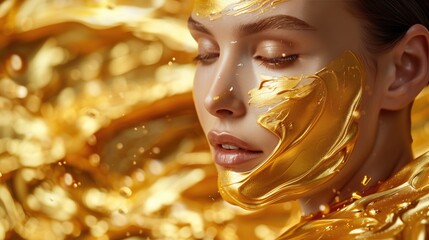 Young, beautiful woman in golden color. Concept of cosmetology, natural cosmetic products and advertising.