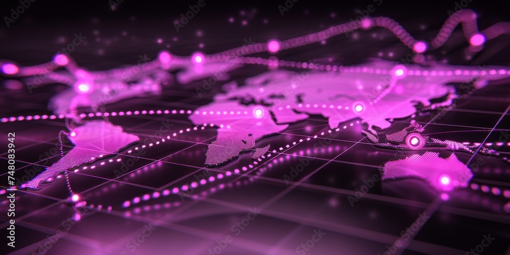 Poster purple digital world map background with lots spots, generative ai