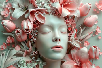 Beautiful woman face made of flowers, Happy womens day background