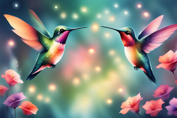 Fototapeta premium Cute Watercolor Hummingbirds in romantic mood