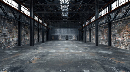 industrial loft-style empty warehouse interior, featuring rugged brick walls