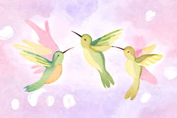 Cute Watercolor Hummingbirds in romantic mood