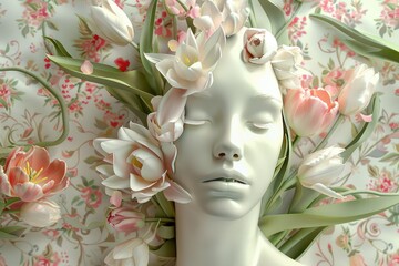 Beautiful woman face made of flowers, Happy womens day background