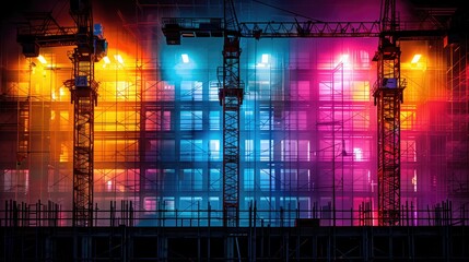 Construction crane, lighting a construction site at night, building a residential building, beautiful night shot of a construction site - obrazy, fototapety, plakaty