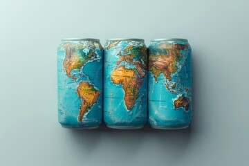 Three aluminum beer cans displaying a colorful world map, representing global beverage distribution