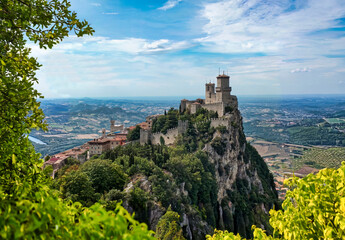 Panoramic View of the Guaita Tower, also called La Rocca or simply First Tower, is the largest and oldest of the three towers that dominate the City of San Marino - obrazy, fototapety, plakaty