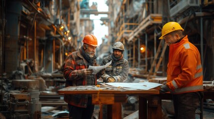 Male builders and architects, during the work process at a construction site, think through and discuss the plan and deadlines.