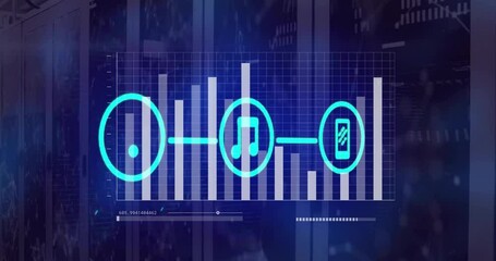 Animation of network of wifi and media icons over graphs and data processing on black background - Powered by Adobe