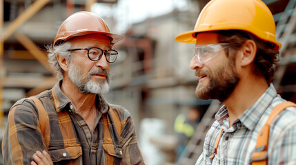 Male builders and architects, during the work process at a construction site, think through and discuss the plan and deadlines.