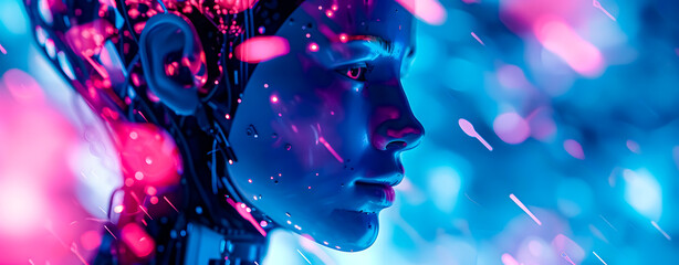 Humanoid robot with blue colors. Space for text. - obrazy, fototapety, plakaty
