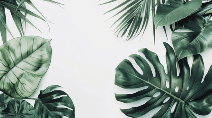banner with a realistic, high-definition pattern of tropical leaves, including detailed views of monstera and palm leaves