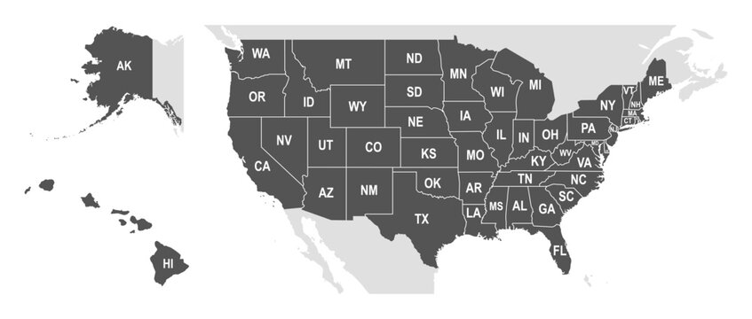 United States of America country infographic map, 50 states vector USA map. USA map with short name of states.