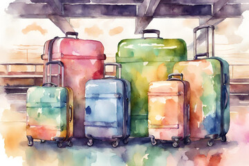 multi-colored travel suitcases of different sizes with painted blots in pastel colors on the...