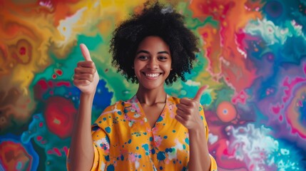Confidence and positivity with an image of a woman showing thumbs up. Generative AI technology