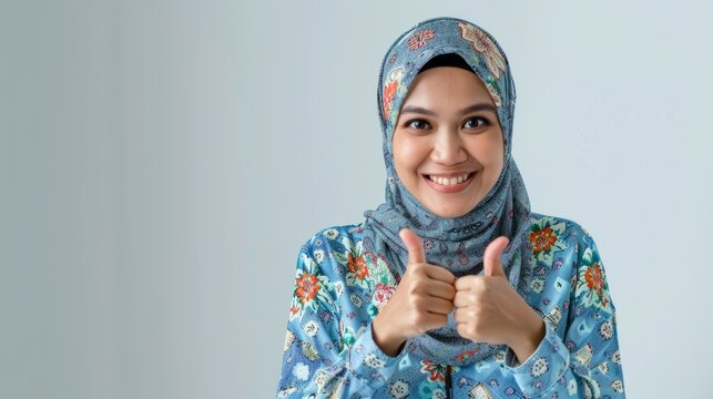 Confidence and positivity with an image of a Malay woman wearing a pastel suit and a flowery hijab, showing thumbs up. Generative AI technology