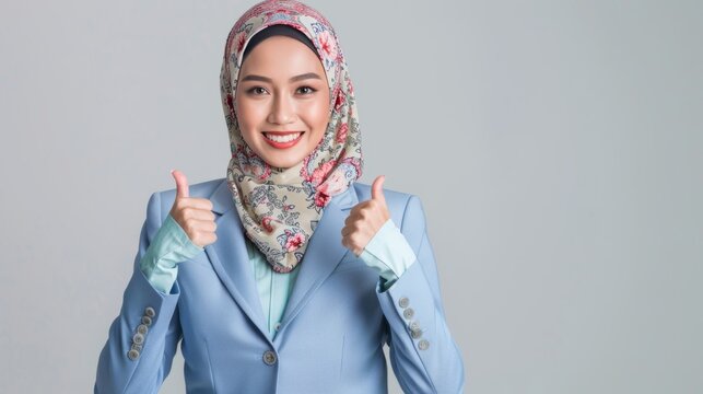 Confidence and positivity with an image of a Malay woman wearing a pastel suit and a flowery hijab, showing thumbs up. Generative AI technology
