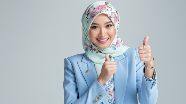 Confidence and positivity with an image of a Malay woman wearing a pastel suit and a flowery hijab, showing thumbs up. Generative AI technology