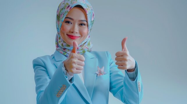 Confidence and positivity with an image of a Malay woman wearing a pastel suit and a flowery hijab, showing thumbs up. Generative AI technology