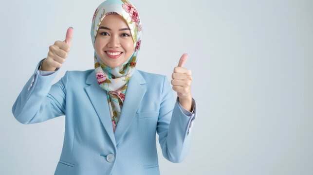 Confidence and positivity with an image of a Malay woman wearing a pastel suit and a flowery hijab, showing thumbs up. Generative AI technology
