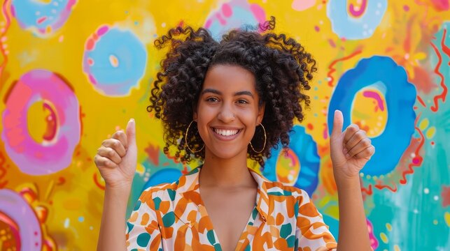 Confidence and positivity with an image of a woman showing thumbs up. Generative AI technology