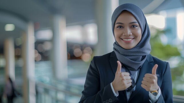 Confidence and positivity with an image of a Malay woman wearing a pastel suit and a flowery hijab, showing thumbs up. Generative AI technology
