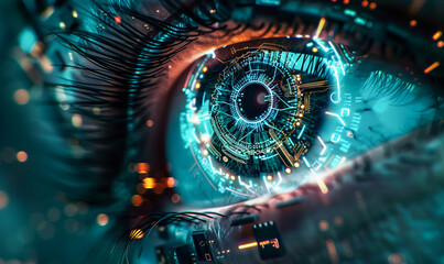 Futuristic cyborg eye with a high-tech sensor camera intertwined with a complex circuit board...
