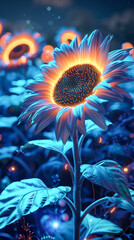 Futuristic neon sunflowers with LED-lit petals integrated into a smart agricultural field