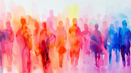watercolor painting featuring silhouettes of people in a spectrum of multicolored hues against a pristine white background.