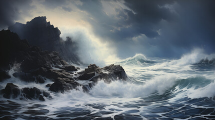 Dramatic painting of powerful storm waves meeting a rocky shore under a brooding, cloudy sky. Watercolor painting illustration.