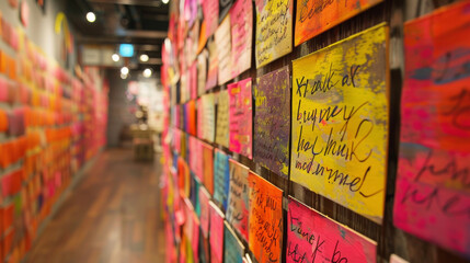 A wall filled with vibrant calligraphy samples showcasing the boutiques customization options for handwritten notes.