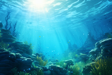 Naklejka na ściany i meble Vibrant turquoise underwater clear scene showcasing the beauty of ocean life, illuminated by sunbeams